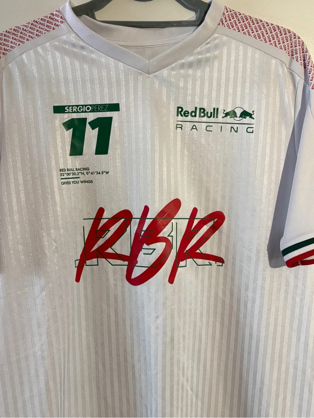 Puma White Sergio Pérez RB Racing Short-Sleeve Jersey with Green & Red Accents